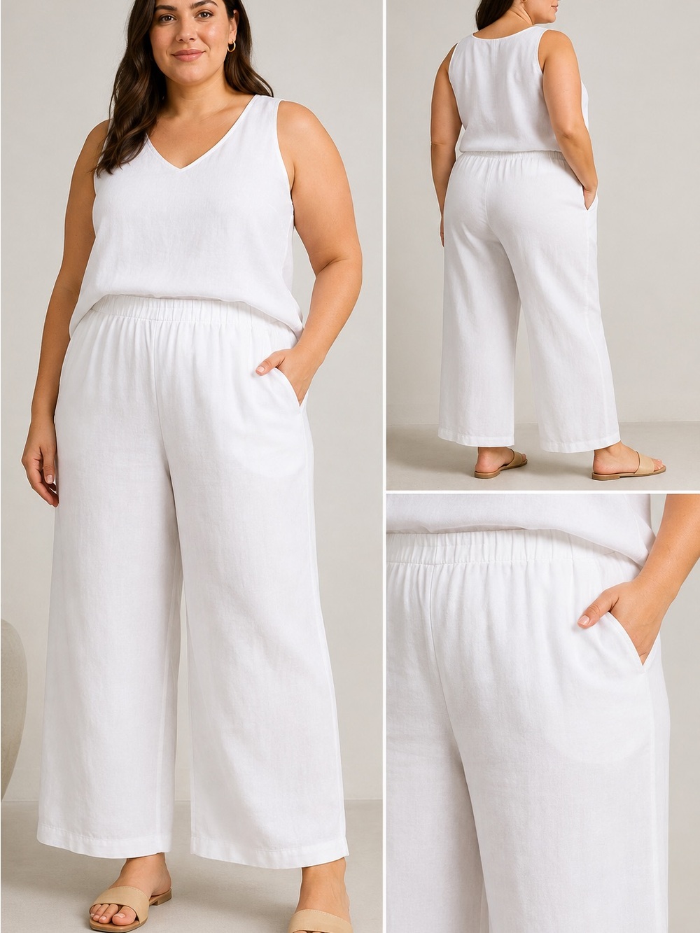 Eileen Fisher Organic Linen Wide Leg Pants 3X White Pull-On Elastic Waist
